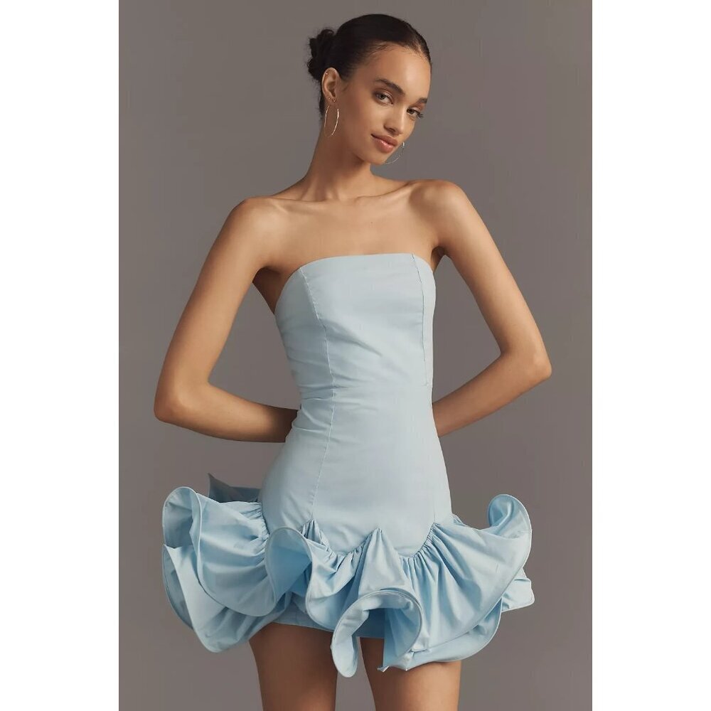 Maeve Strapless Ruffle Mini Dress Light BLue XL